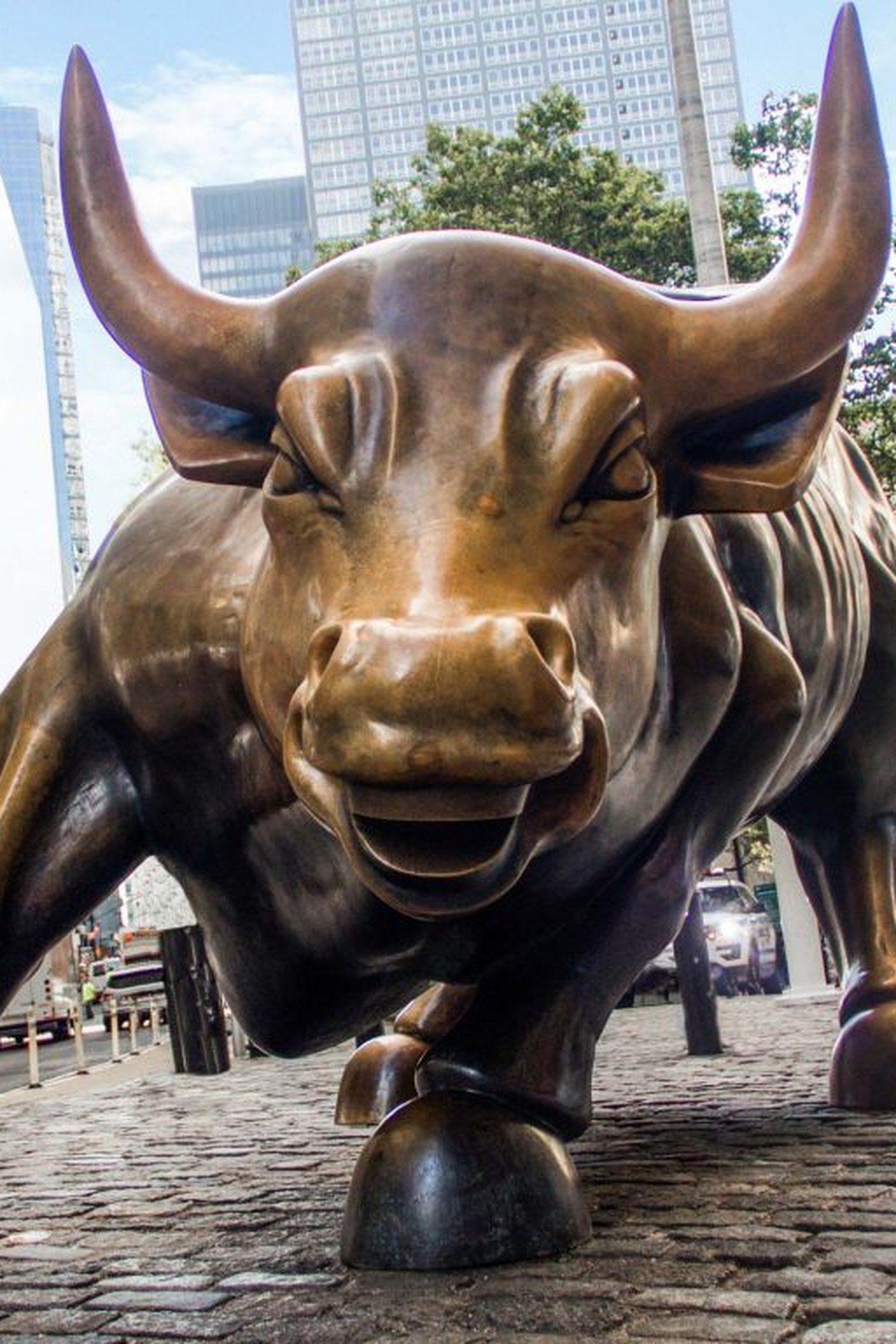 A head-on, low-angle view of the bronze Charging Bull statue near Wall Street, a symbol of market strength and confidence.